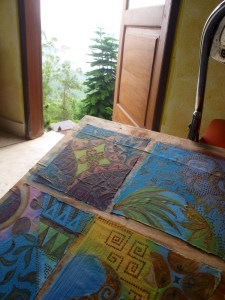 Studio with a view. Batik art sketches by Marina Elphick, UK batik artist.