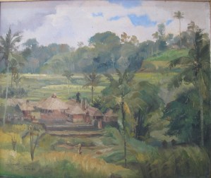 "Irrigation  Temple",  by Dullah 1973, oil on canvas, 50cm x 60cm. Irrigation Temples are common in Bali, dedicated to water and rice fields, so important to Balinese life.