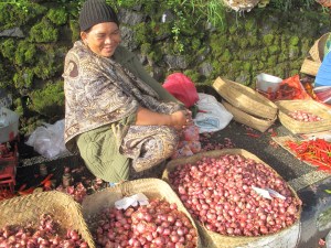 A lady selling garlic.