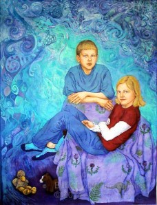 James and Olivia , life size batik portrait , batik on cotton by British artist, Marina Elphick. Batik painter takes commissions.