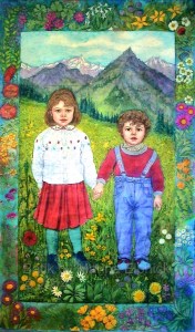 Batik portrait of Amy and Edmund, by artist Marina Elphick. British batik artist known for her exquisite portraits in this classic Indonesian art medium