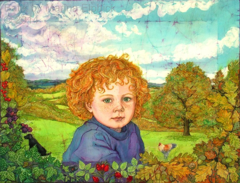 Batik portrait by British artist Marina Elphick,  batik artist making contemporary batik. Commissioned batik of boy in his garden and landscape beyond.