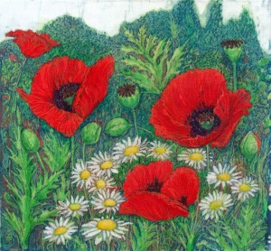 Poppy garden with daisies, batik on cotton by Marina Elphick.#batik artist working on cotton and paper creating #batik portraits and other unique batik artworks.