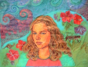 Step by step batik. Yellow dye is painted to make greens for leaves and jungle fauna. These are then waxed and deeper green and blue is added.