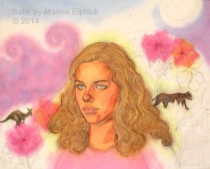 Batik step by step. Mid stage of batik, 5 waxings and 6 painted dyes on batik portrait of Sophie, by Marina Elphick UK batik artist.