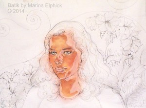 BAtik step by step. Early stage of batik portrait of Sophie, showing line drawing on cotton and first flesh coloured dye. By Batik artist Marina Elphick.