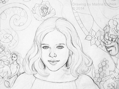 Batik step by step. Line drawing for Batik portrait of Nicola by Marina Elphick, batik artist and portrait painter.