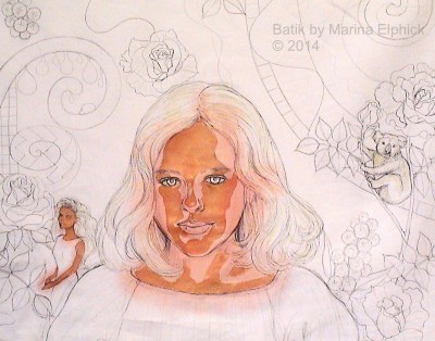 Batik step by step. Line drawing  and first dye on batik portrait of Nicola by Marina Elphick, batik artist and portrait painter.