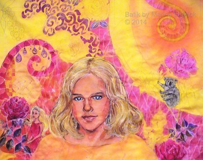 Step by step batik. Batik dyed in yellow dye, batik portrait of Nicola by Marina Elphick, batik artist and portrait painter.