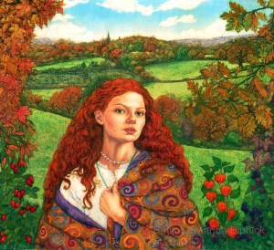 Portrait of Autumn. Batik by British artist Marina Elphick, UK Batik artist .  Portraiture in batik. Batik