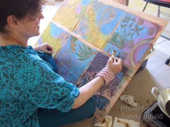 My first attempts using the nitik canting, batik artist Marina Elphick. Contemporary interpretations of Traditional batik motifs.