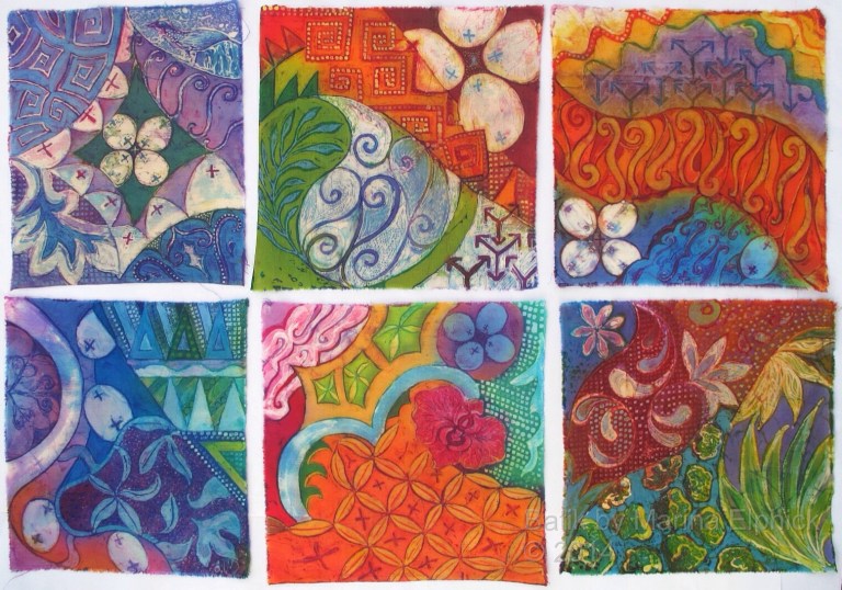 Completed Batik art sketches by Marina Elphick inspired by traditional Indonesian batik motifs. Batik artist. Batik.