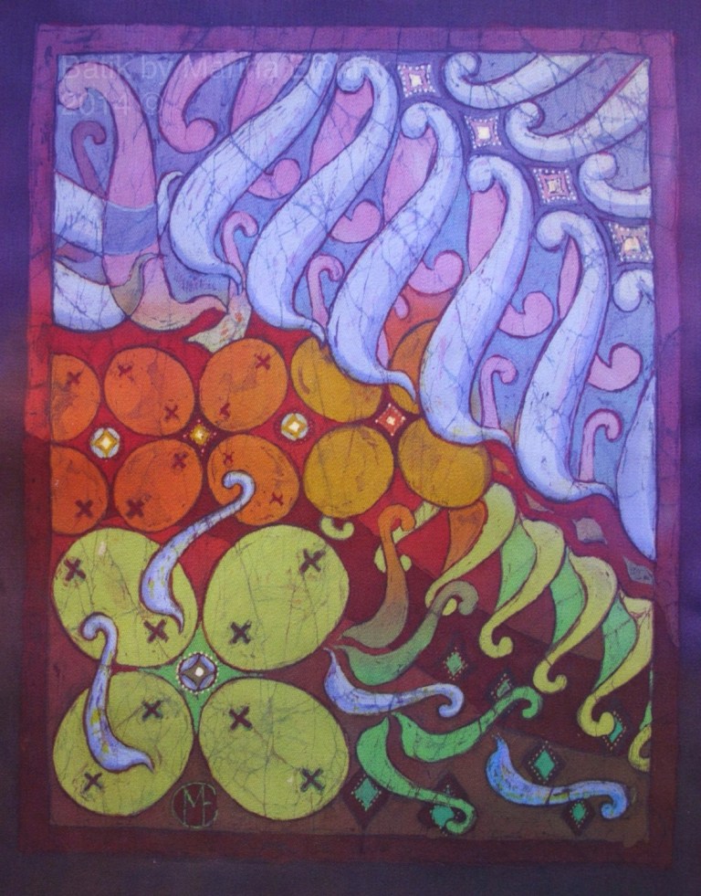 Batik art by batik artist Marina Elphick inspired by Kawung and Parang motifs.