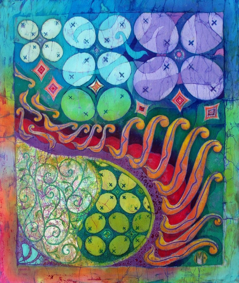 Parang Journey, batik by Marina Elphick. Traditional batik motifs Kuwang and Parang are interpreted in a contemporary way by this batik artist. Batik art.