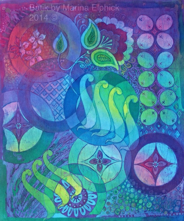 Symbology 1, batik by Marina Elphick. Traditional batik motifs Kawung and Ceplok motifs used in a contemporary way.