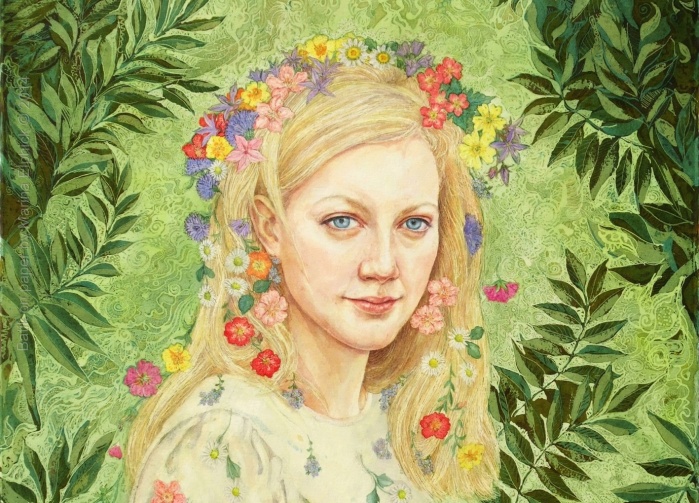 Detail of Primavera, batik portrait of Cathy by British batik artist Marina Elphick. Batik art on paper, contemporary batik art.