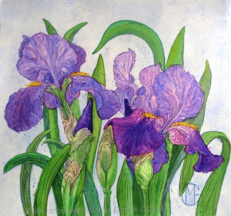 Iris floral study III, batik painting on paper by Marina Elphick. Batik art.