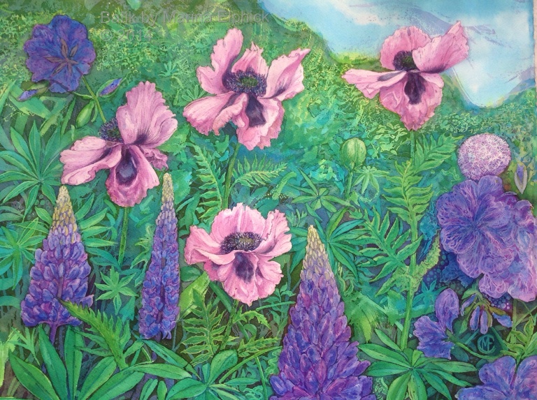Lupins and Poppy flowers, batik art on paper by British artist Marina Elphick. Contemporary batik artist.