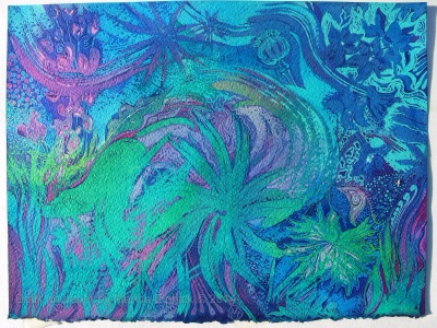 Windy Garden, batik on paper by Marina Elphick, UK batik artist, contemporary batik artist.