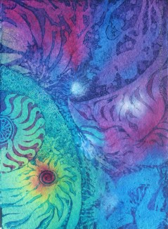 Meteor, batik art on paper by UK batik artist Marina Elphick.