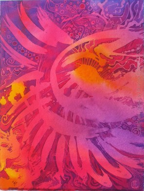 Sun dance, batik art on paper by UK batik artist Marina Elphick.