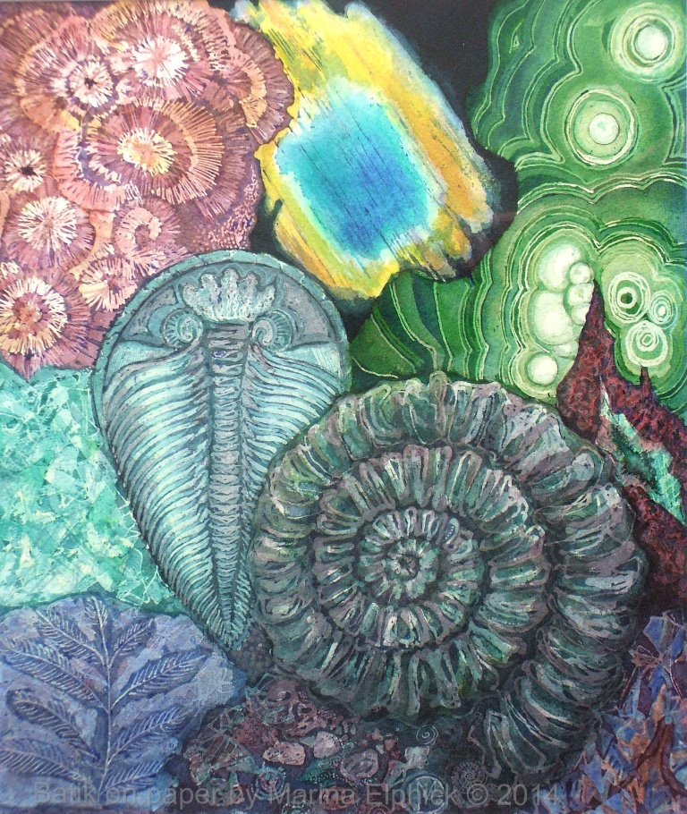 Labradorite and Malachite, batik art on paper by Marina Elphick.