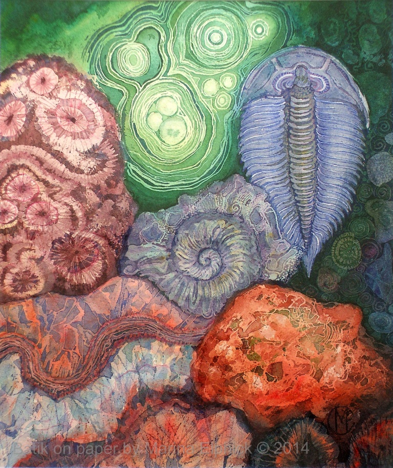 Fossils and Malachite, batik painting on paper by Marina Elphick.