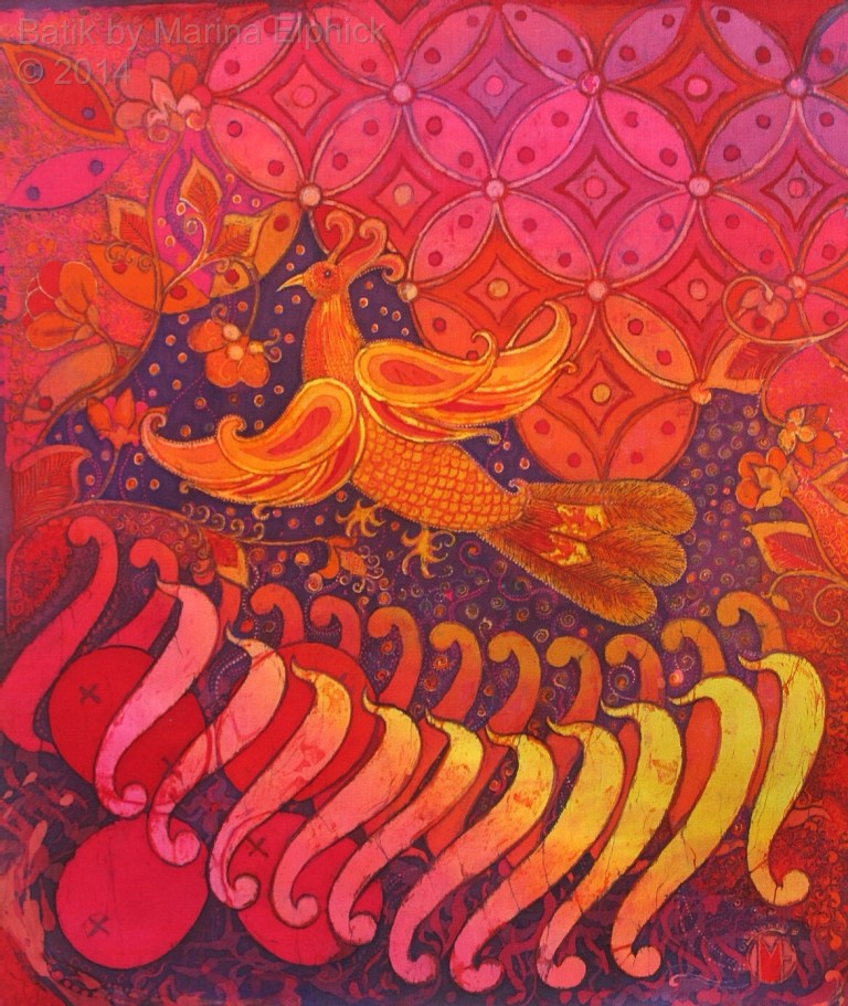 Firebird with Parang tongues of fire, batik on cotton by artist Marina Elphick.