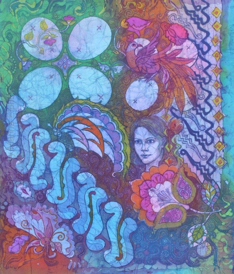 Blue portrait with Parang Curigo and Kuwang by UK batik artist Marina Elphick. Contemporary take on Traditional batik motifs. Batik artist known for her life like portraits.