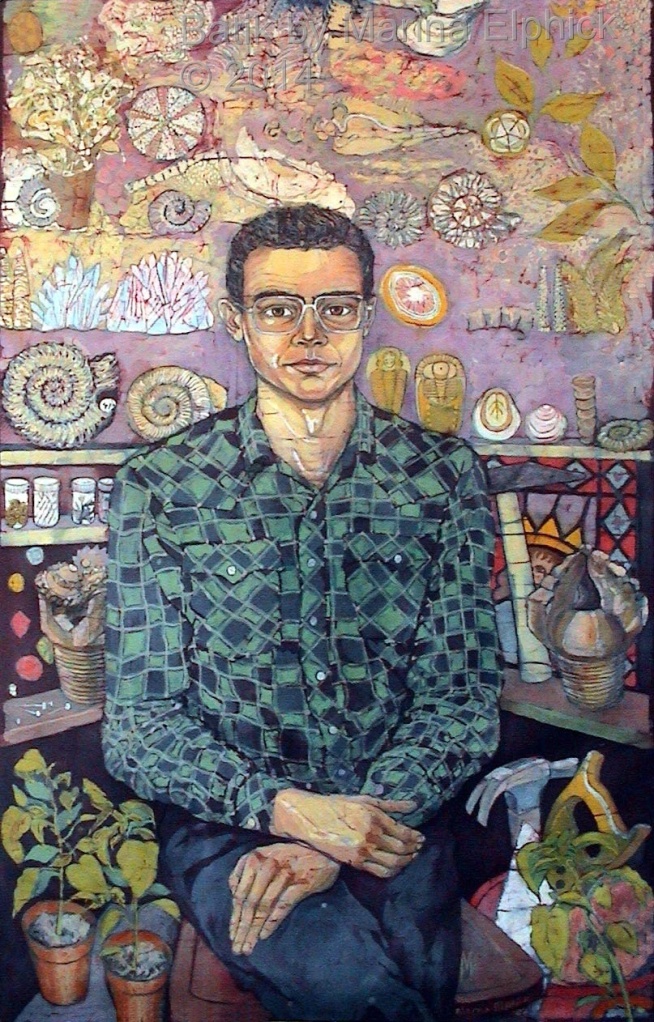 Batik portrait of Richard, soon after I met him in 1987. Portrait by batik artist Marina Elphick.