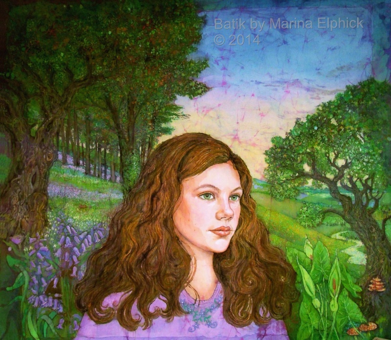 Batik art portrait of Amy in bluebell woodland setting, by UK batik artist Marina Elphick. Contemporary batik artist known for her exquisite portraits in this classic Indonesian art medium