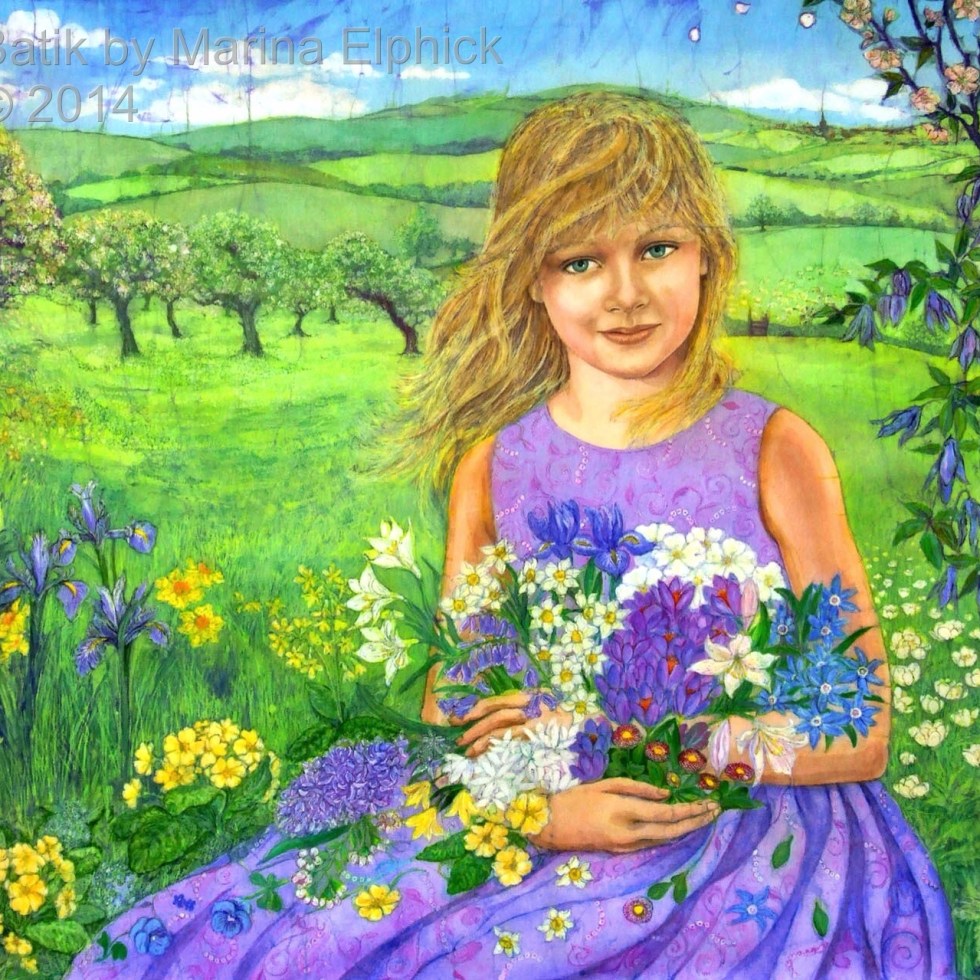 My niece Megan as Spring muse, batik on cotton by Marina Elphick. Batik portraiture by UK artistBatik art by artist Marina Elphick. British batik artist known for her exquisite portraits in this classic Indonesian art medium