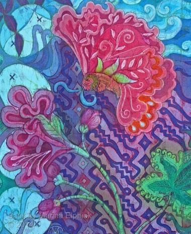 Floral batik painting by Marina Elphick, UK artist specialising in batik portraits, flora and fauna.Parang flowers batik art.