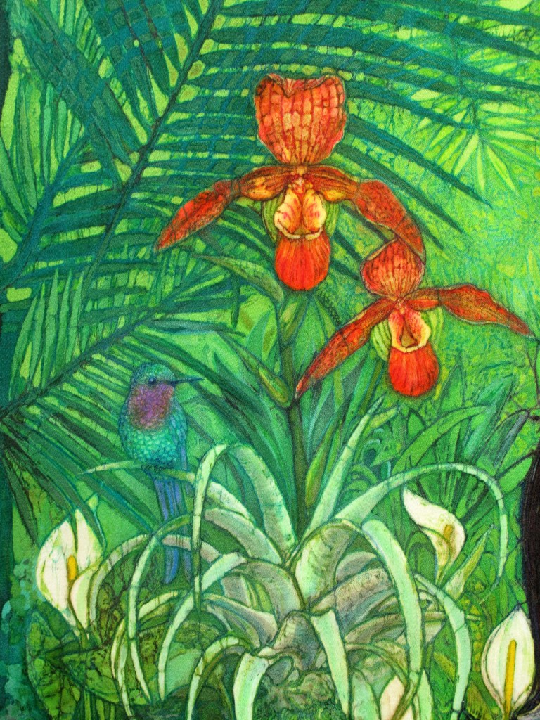 Huaorani Girl orchid detail, batik portraits by Marina Elphick