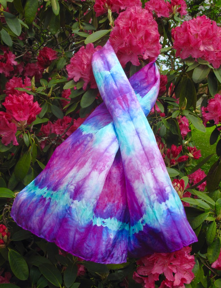 Tie dyed silk in wonderfully bright colours by Marina Elphick, batik artist and painter.