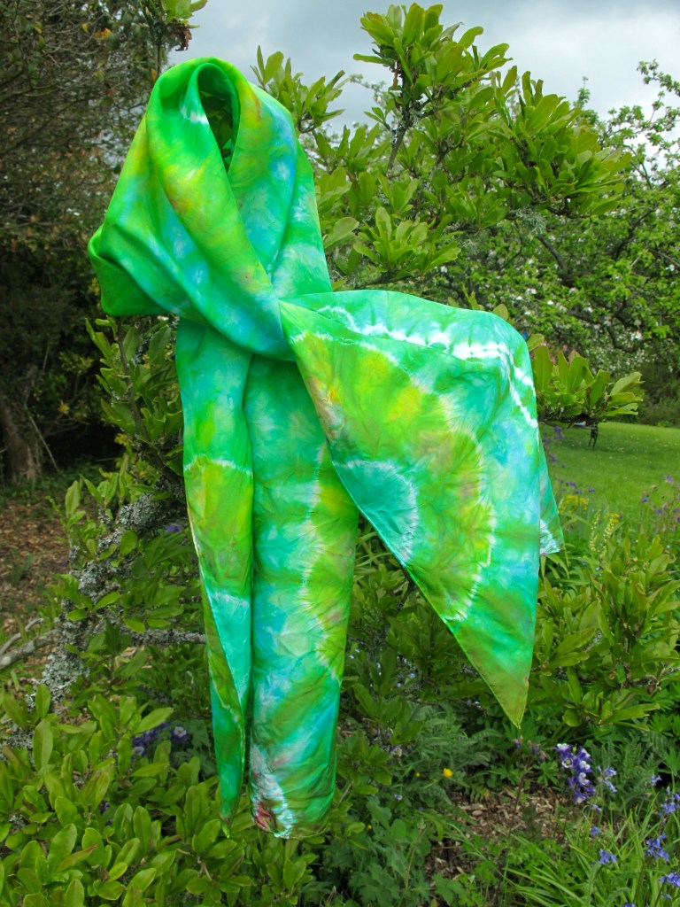 Tie dyed silk in wonderfully bright colours by Marina Elphick, batik artist and painter.