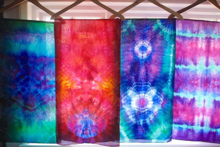 Tie dyed silk in wonderfully bright colours by Marina Elphick, batik artist and painter.