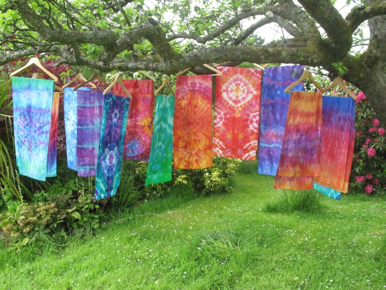 Tie dyed silk in wonderfully bright colours by Marina Elphick, batik artist and painter.