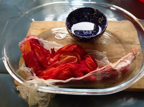 Tie dyed silk in wonderfully bright colours by Marina Elphick, batik artist and painter.