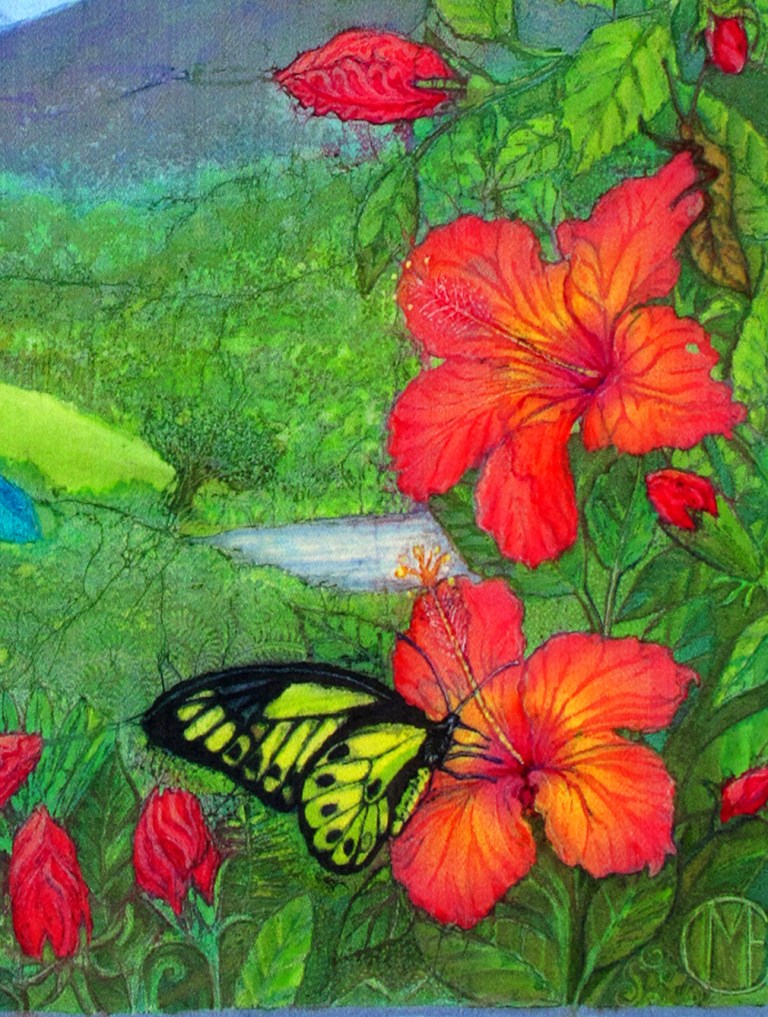 Long Tailed Sylph with Hibiscus, batik portraits by Marina Elphick