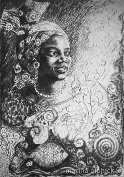 Portrait of Buchi Emecheta in charcoal, by Marina Elphick. The final artwork for "Head Above Water" made in batik was based on this drawing. Buchi Emecheta was one of Africa's foremost writers, her work was read and loved worldwide.